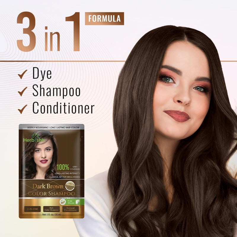 Herbishh Hair Color Shampoo For Gray Hair Dye Shampoo With Argan Hair Mask Travel Size-Colors Hair In Minutes Long Lasting Colour 30 ml x 10Pack Ammonia-Free (Dark Brown) - Image 5