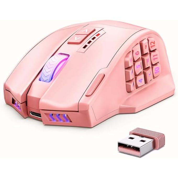 rayihni فأرة الألعاب اللاسلكية فينوس برو MMO، مستشعر بصري بدقة 16,000 نقطة في البوصة، أوضاع مزدوجة سلكية/لاسلكية، إضاءة RGB كروم 16 مليون لون، 16 زرًا قابلاً للبرمجة، تصميم مريح، تصل إلى 70 ساعة، وردي - Image 1