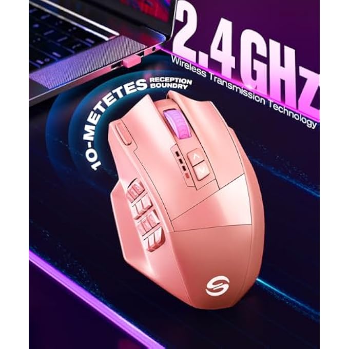 rayihni فأرة الألعاب اللاسلكية فينوس برو MMO، مستشعر بصري بدقة 16,000 نقطة في البوصة، أوضاع مزدوجة سلكية/لاسلكية، إضاءة RGB كروم 16 مليون لون، 16 زرًا قابلاً للبرمجة، تصميم مريح، تصل إلى 70 ساعة، وردي - Image 2