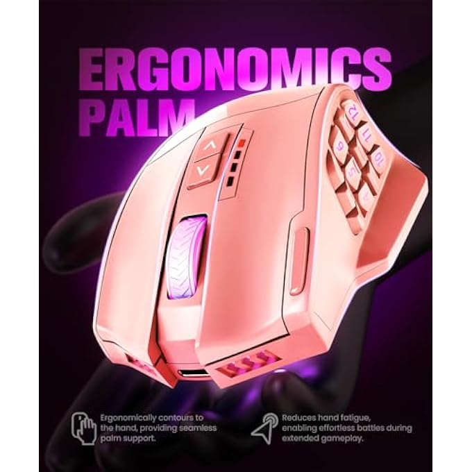 rayihni فأرة الألعاب اللاسلكية فينوس برو MMO، مستشعر بصري بدقة 16,000 نقطة في البوصة، أوضاع مزدوجة سلكية/لاسلكية، إضاءة RGB كروم 16 مليون لون، 16 زرًا قابلاً للبرمجة، تصميم مريح، تصل إلى 70 ساعة، وردي - Image 3