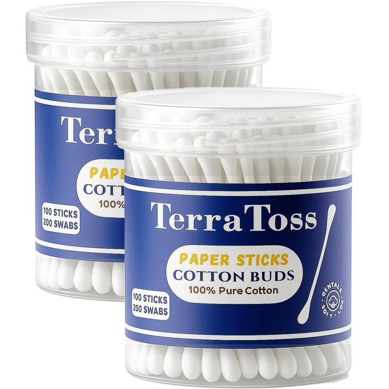 TerraToss Cotton Ear Buds [400 Swabs] | Premium Paper Stick Cotton Swabs | 100% Pure & Soft Cotton (200 Sticks) - Image 1