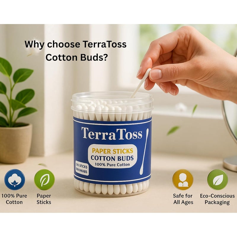 TerraToss Cotton Ear Buds [400 Swabs] | Premium Paper Stick Cotton Swabs | 100% Pure & Soft Cotton (200 Sticks) - Image 3