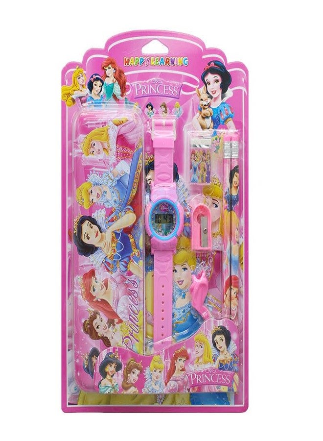 SWADEC Stationery Supplies Bundle with Digital Watch, Sharpener, Eraser, 2 Pencils,Pencil Top and Compass Box | 7 in 1 Stationery Gift Set for Children (Pack of 1) (PRINCESS)