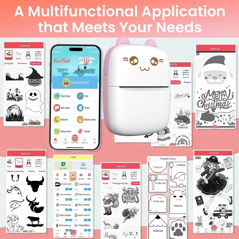 Kanget® Mini Bluetooth Thermal Label Printer, Cartoon Label Printer Inkfree Photo Printer for Android & iOS System, Label Maker Black on White Thermal Printer with 1 Roll HD Print Paper & Stickers - Image 4