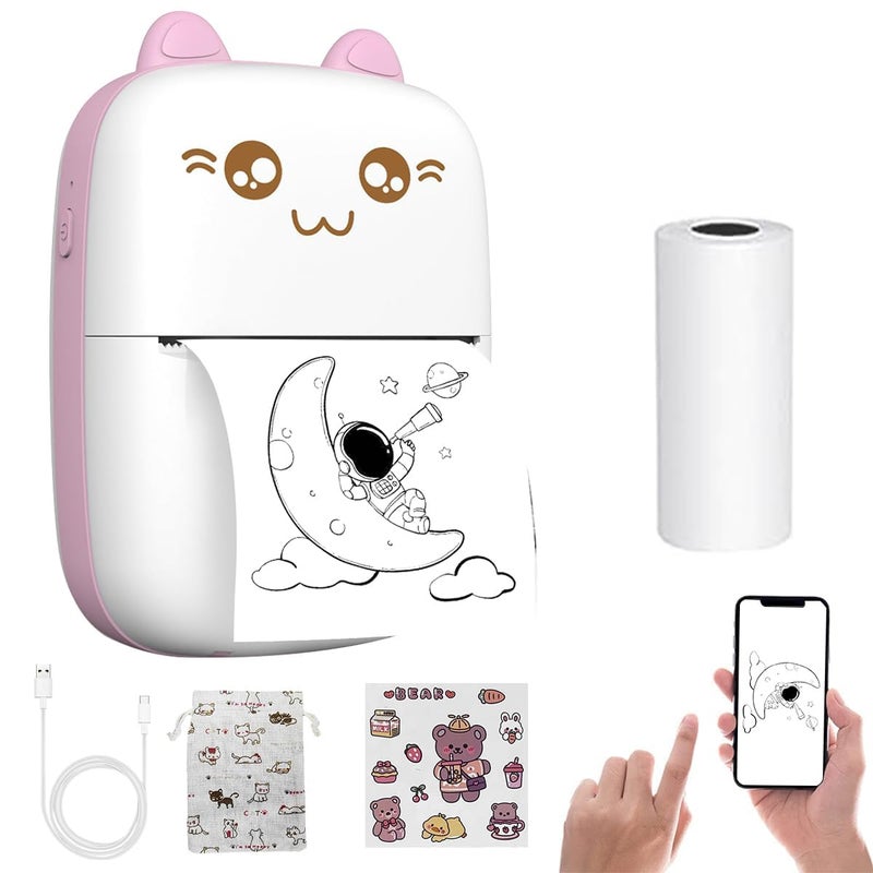 Kanget® Mini Bluetooth Thermal Label Printer, Cartoon Label Printer Inkfree Photo Printer for Android & iOS System, Label Maker Black on White Thermal Printer with 1 Roll HD Print Paper & Stickers - Image 1