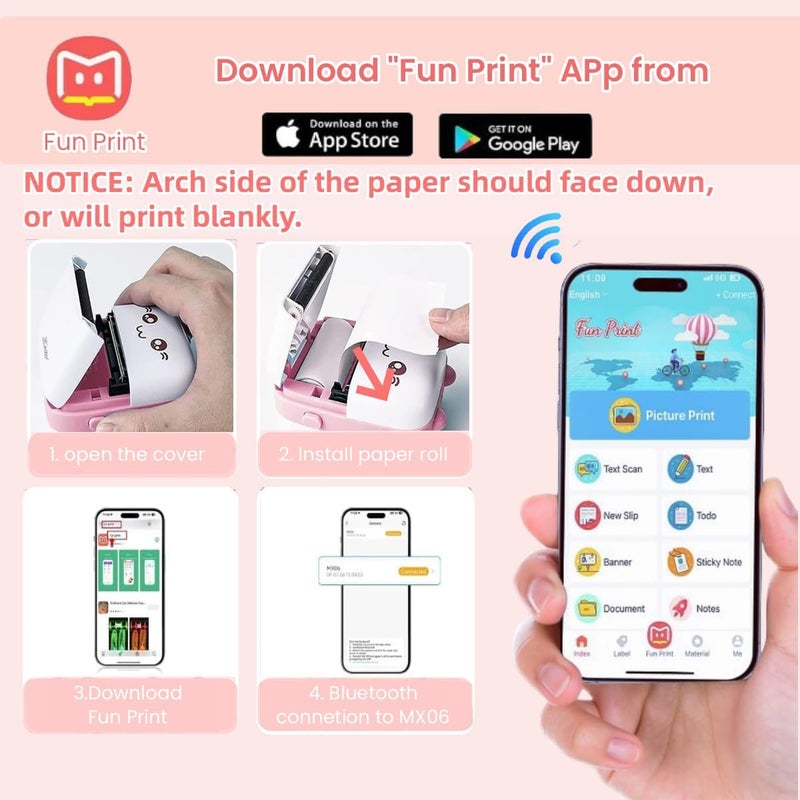 Kanget® Mini Bluetooth Thermal Label Printer, Cartoon Label Printer Inkfree Photo Printer for Android & iOS System, Label Maker Black on White Thermal Printer with 1 Roll HD Print Paper & Stickers - Image 2
