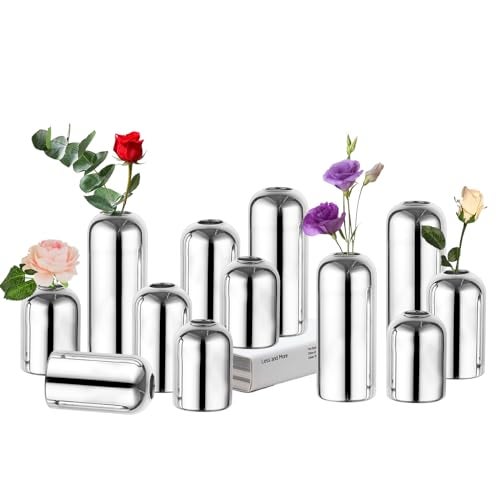Hewory Glass Bud Vases for Centerpieces Silver Hewory 12pcs Blown Modern Cylinder Small Glass Vases Mini Bulk Single Flower Vase for Wedding Party Event Home Decor Floral Arrangement Not Include Flowers - Image 1