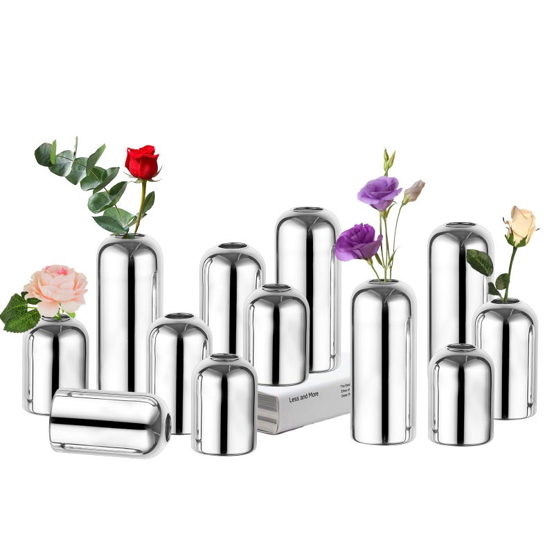 Hewory Glass Bud Vases for Centerpieces Silver Hewory 12pcs Blown Modern Cylinder Small Glass Vases Mini Bulk Single Flower Vase for Wedding Party Event Home Decor Floral Arrangement Not Include Flowers - Image 2