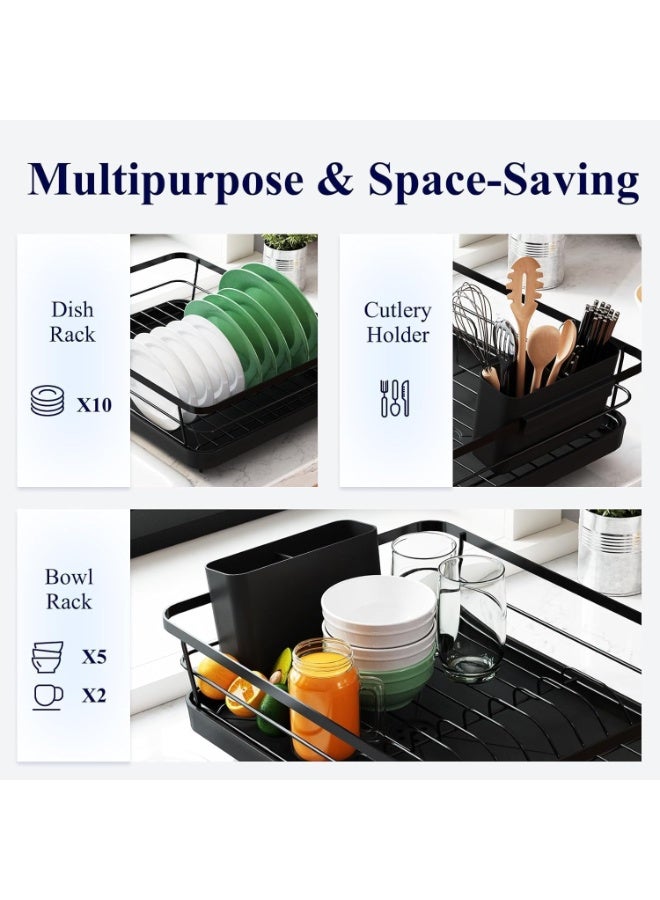 توشيونيكس رف تجفيف الأطباق مع لوح تصريف وحامل أدوات وفوهة تصريف دوارة 360 درجة - رف تجفيف أطباق متعدد الطبقات مقاوم للصدأ وموفر للمساحة مع حامل أدوات مائدة فوق منظم سطح حوض المطبخ للأطباق والأواني الفولاذية والأكواب والأكواب والوعاء ولوح التقطيع والسكاكين - 40 × 24 × 15 سم، أسود - T114496 - Image 2