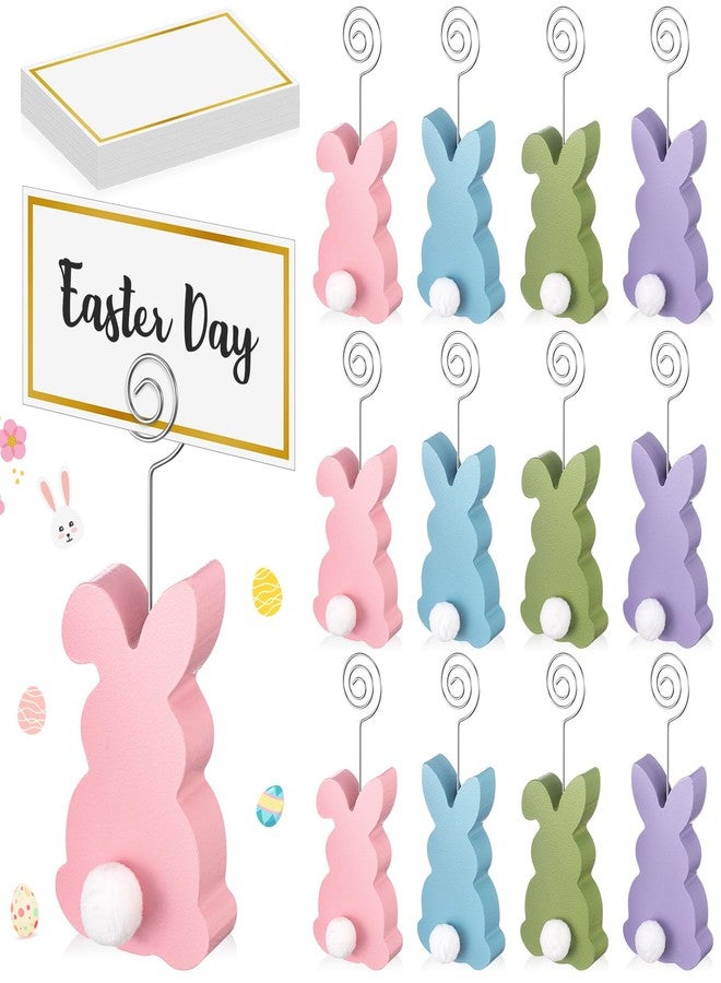 Colingmill 12 Pcs Easter Bunny Place Card Holder Stand with 24 Pcs Gold Foil White Card Spring Colorful Easter Wooden Bunny Sign Picture Table Number Holder for Party Photo Menu Memo Home Decoration - Image 1