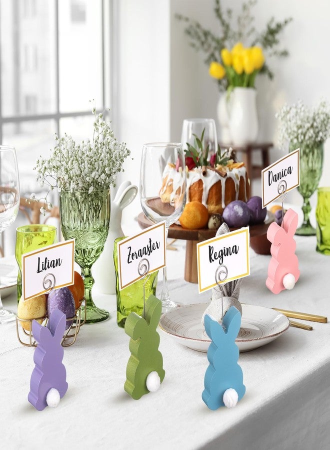 Colingmill 12 Pcs Easter Bunny Place Card Holder Stand with 24 Pcs Gold Foil White Card Spring Colorful Easter Wooden Bunny Sign Picture Table Number Holder for Party Photo Menu Memo Home Decoration - Image 5