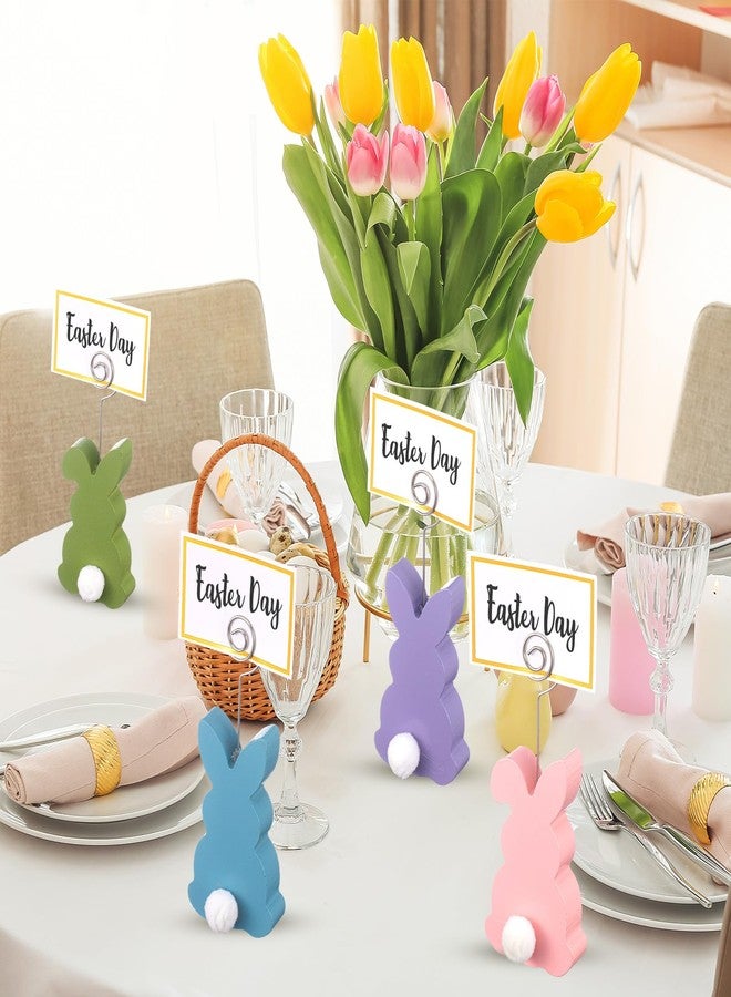 Colingmill 12 Pcs Easter Bunny Place Card Holder Stand with 24 Pcs Gold Foil White Card Spring Colorful Easter Wooden Bunny Sign Picture Table Number Holder for Party Photo Menu Memo Home Decoration - Image 4