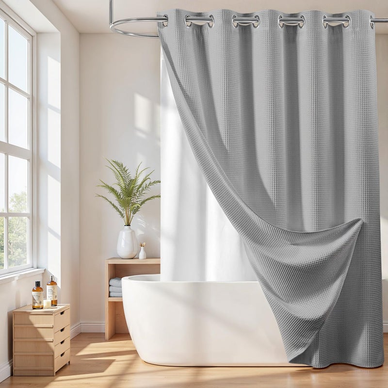 River Dream Grey Cotton Blend Shower Curtain with Snap in Liner No Hook Heavy Duty Shower Curtains for Bathroom Hotel Grade Water Repellent 71 Wx74 L