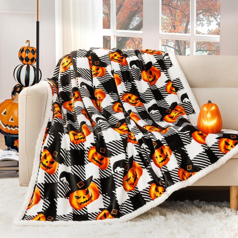 Touchat Halloween Blanket Twin Size 60" X 70"，Pumpkin Sherpa Fall Fuzzy Fluffy Soft Cozy Blankets, Fleece Flannel Plush Microfiber Throw for Couch Bed Sofa, Halloween Decor (BlackHalloween) - Image 3