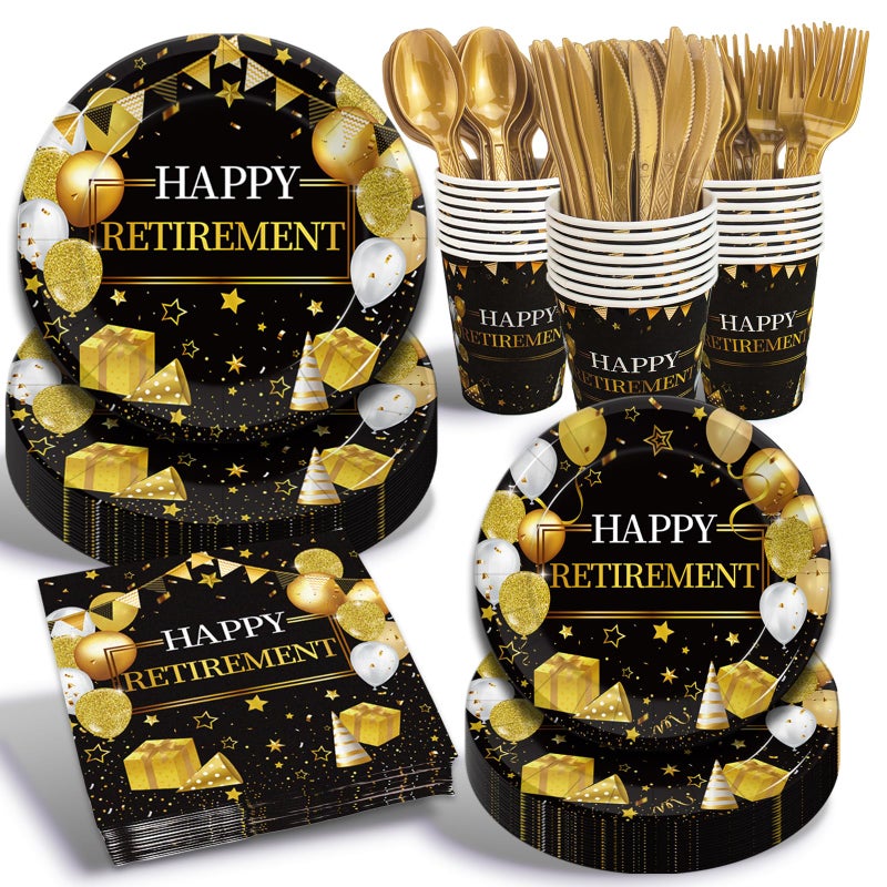 Kepeel 168 Pcs Retirement Party Supplies Black Gold Happy Retirement Party Decorations for Women Retired Paper Plates Napkins Cups Plastic Forks Knives Spoons for Going Away Decorations