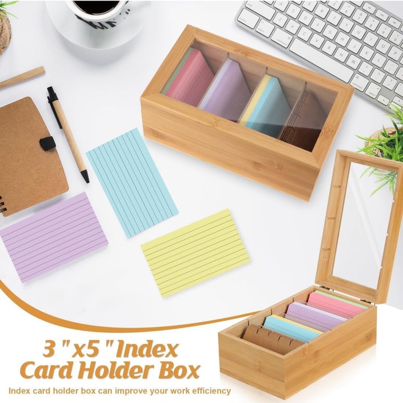 KASTWAVE Index Card Organizer, 3x5 Card Holder Box With Dividers, Ruled Cards & Stickers, Wooden Recipe Box With Index Stickers And Flash Card, Large Capacity, For Organizing Recipe Cards, School Index - Image 3