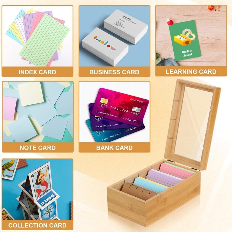 KASTWAVE Index Card Organizer, 3x5 Card Holder Box With Dividers, Ruled Cards & Stickers, Wooden Recipe Box With Index Stickers And Flash Card, Large Capacity, For Organizing Recipe Cards, School Index - Image 5