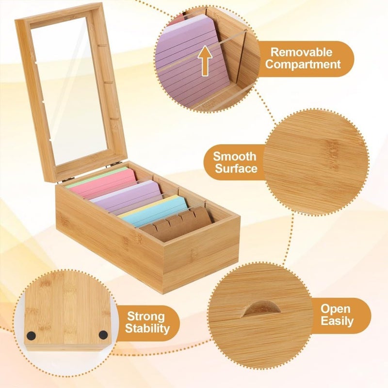 KASTWAVE Index Card Organizer, 3x5 Card Holder Box With Dividers, Ruled Cards & Stickers, Wooden Recipe Box With Index Stickers And Flash Card, Large Capacity, For Organizing Recipe Cards, School Index - Image 2