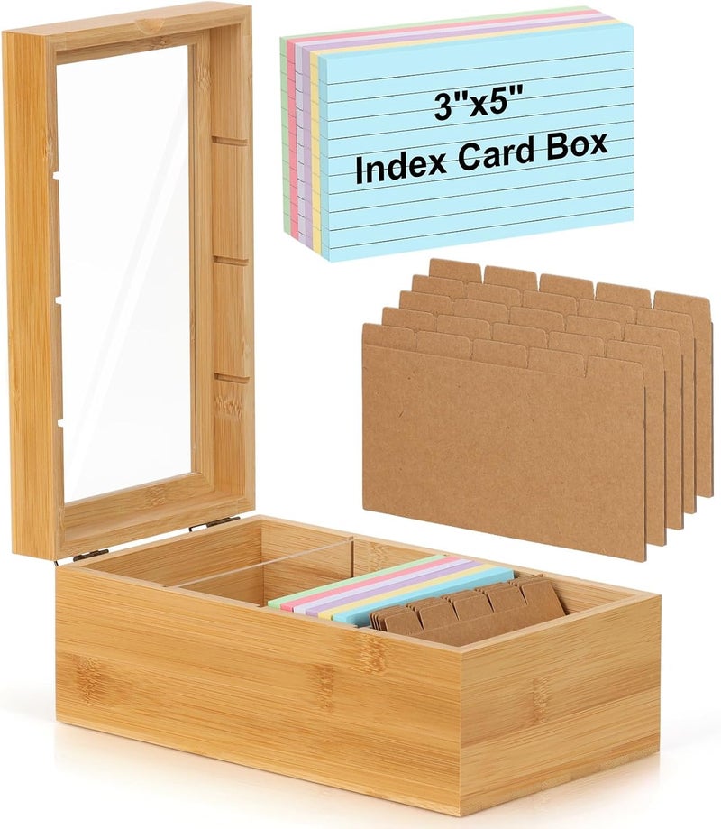 KASTWAVE Index Card Organizer, 3x5 Card Holder Box With Dividers, Ruled Cards & Stickers, Wooden Recipe Box With Index Stickers And Flash Card, Large Capacity, For Organizing Recipe Cards, School Index - Image 1