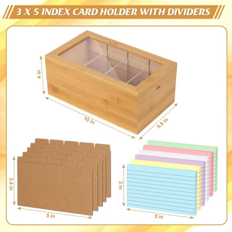 KASTWAVE Index Card Organizer, 3x5 Card Holder Box With Dividers, Ruled Cards & Stickers, Wooden Recipe Box With Index Stickers And Flash Card, Large Capacity, For Organizing Recipe Cards, School Index - Image 4