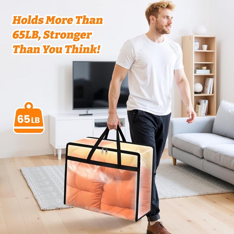 BlissTotes حزمة 4 أكياس تخزين ملابس شفافة، حاويات تخزين تحت السرير، أكياس تخزين بطانيات قابلة للطي مع سحاب قوي ومقبض للملابس واللحاف والفراش والملاءات (40 لتر) - Image 4