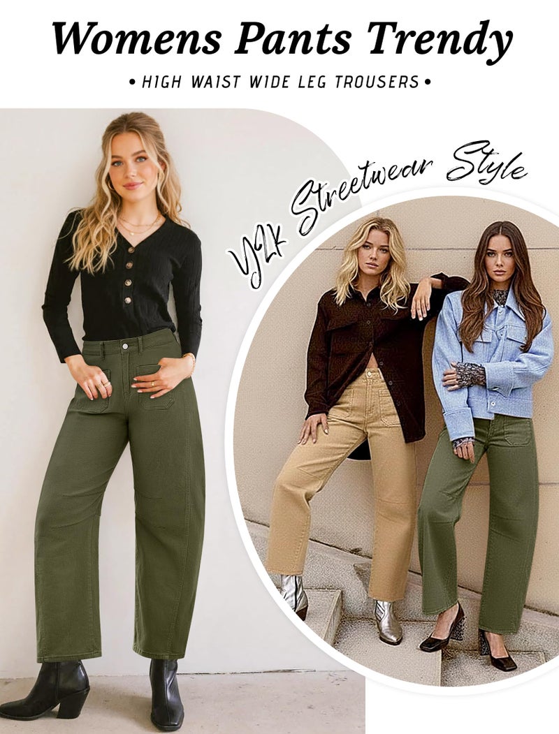 Eddoyee Wide Leg Barrel Pants Women - Stretchy High Waist Baggy Pants Y2k Boyfriend Ankle Trousers with Pockets Army Green - Image 5