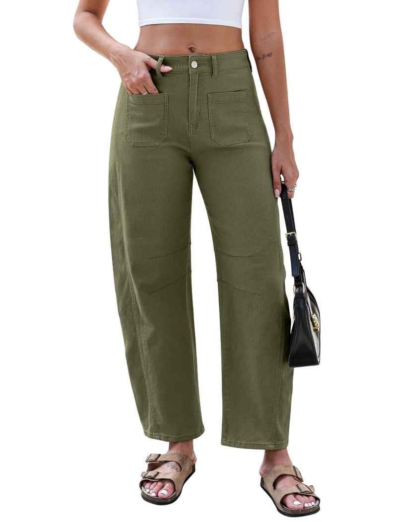 Eddoyee Wide Leg Barrel Pants Women - Stretchy High Waist Baggy Pants Y2k Boyfriend Ankle Trousers with Pockets Army Green - Image 1