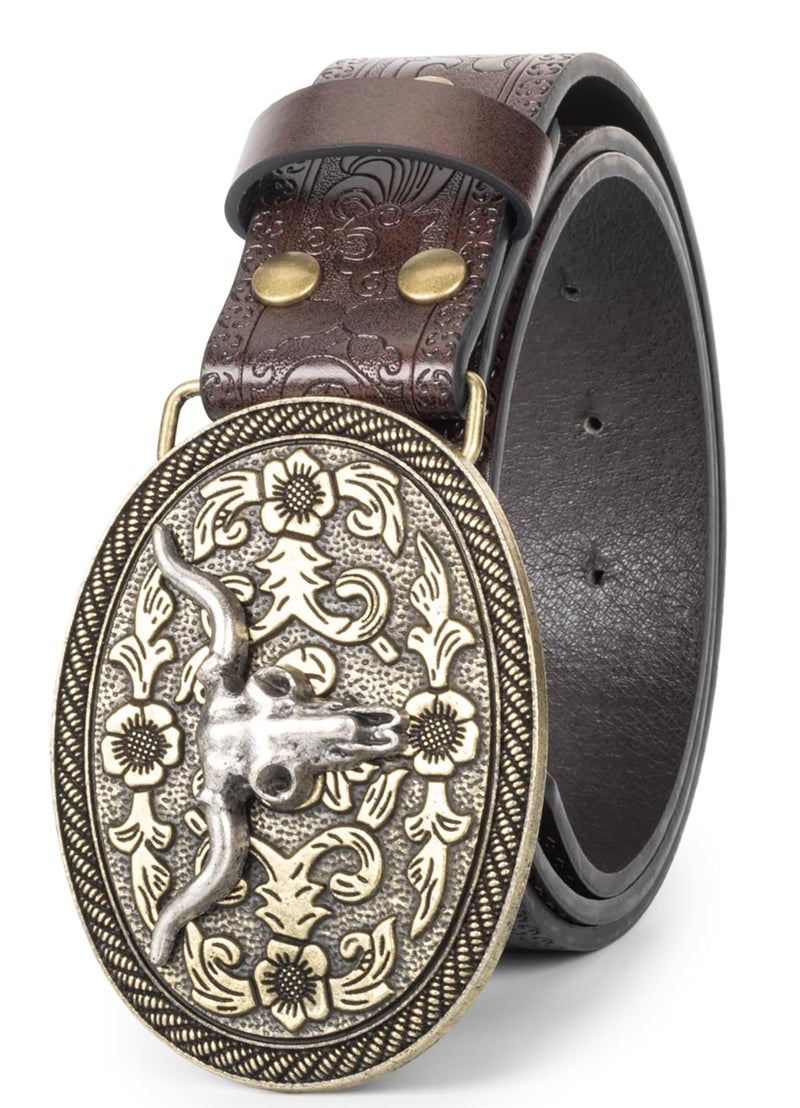 OVOY Western-Cowboy-Retro-Belt with Bull-Buckle, Floral Engraved Leather Cowgirl Belt for Jeans Pants - Image 1