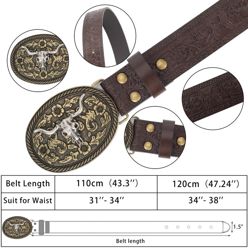 OVOY Western-Cowboy-Retro-Belt with Bull-Buckle, Floral Engraved Leather Cowgirl Belt for Jeans Pants - Image 2
