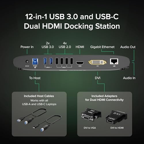 Plugable USB 3.0 Universal Docking Station for Windows, macOS, ChromeOS (Dual HDMI Monitors or DVI/VGA, Gigabit Ethernet, Audio, 6 USB Ports) - Image 2