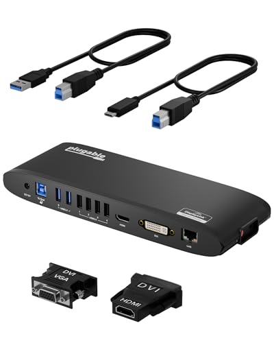 Plugable USB 3.0 Universal Docking Station for Windows, macOS, ChromeOS (Dual HDMI Monitors or DVI/VGA, Gigabit Ethernet, Audio, 6 USB Ports) - Image 1