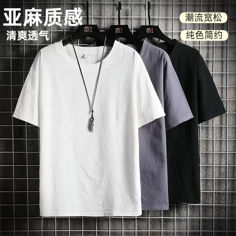 Manufacturer Linen Short-Sleeved T-Shirt Men'S Fashion Brand Trendy Loose Cotton And Linen Half-Sleeved Pure Color T-Shirt - Image 2