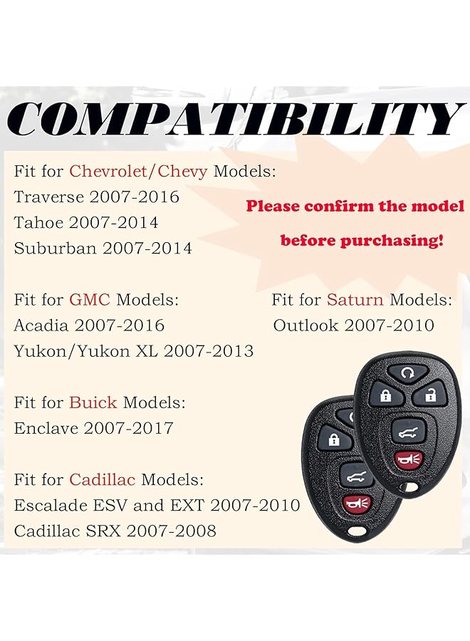 Keyless Entry Remote Control Key Fob Replacement Fits For Chevy Traverse 2007-2016 Tahoe Suburban Gmc Acadia Yukon Xl Buick Enclave Cadillac Escalade Saturn Outlook Ouc60270 Ouc60221 15913415 - Image 2
