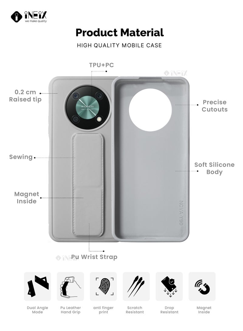 INEIX 3-in-1 Magnetic Wrist Strap Hand Grip Stand Back Case Cover for Huawei Nova Y90-Grey - Image 2