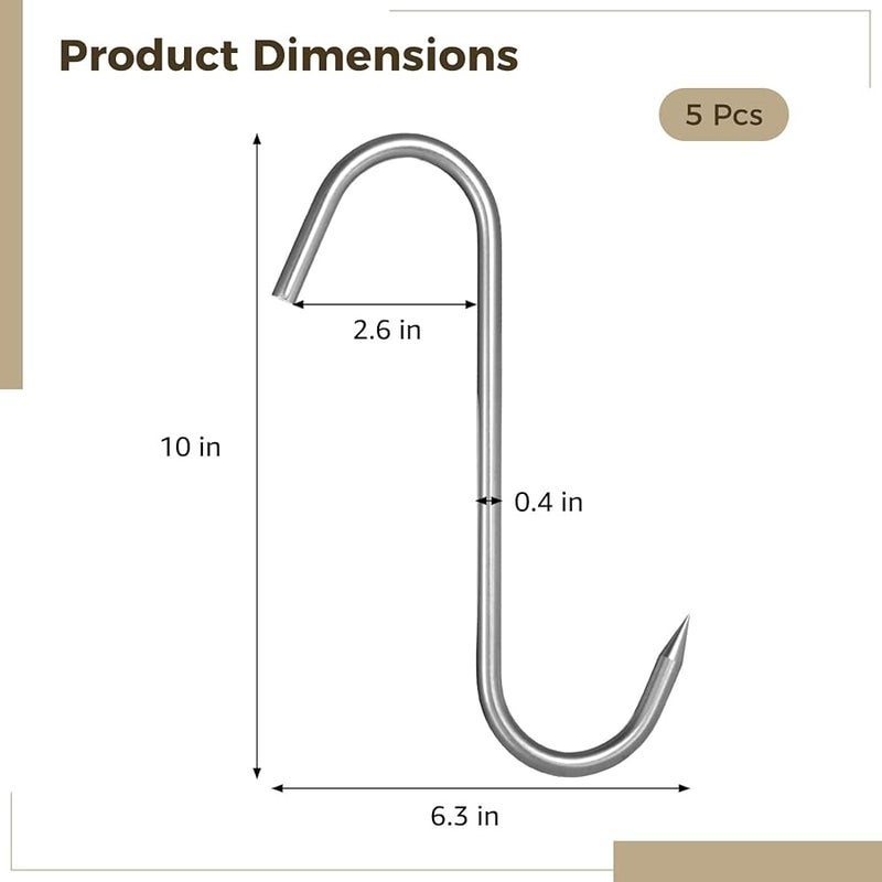 5 حزمة من خطافات اللحم الثقيلة من الفولاذ المقاوم للصدأ على شكل حرف S مقاس 10 بوصة للشواء والذبح والتحمير - Image 3