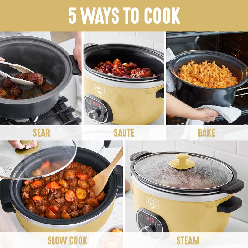 GreenLife 6QT Slow Cooker, Non-Toxic PFAS-Free Ceramic Nonstick Removable Interior Bowl, Programmable, Family Friendly, Keep Warm, Stovetop & Oven Safe, Dishwasher Safe Crock, Timer, Glass Lid, Yellow - Image 3