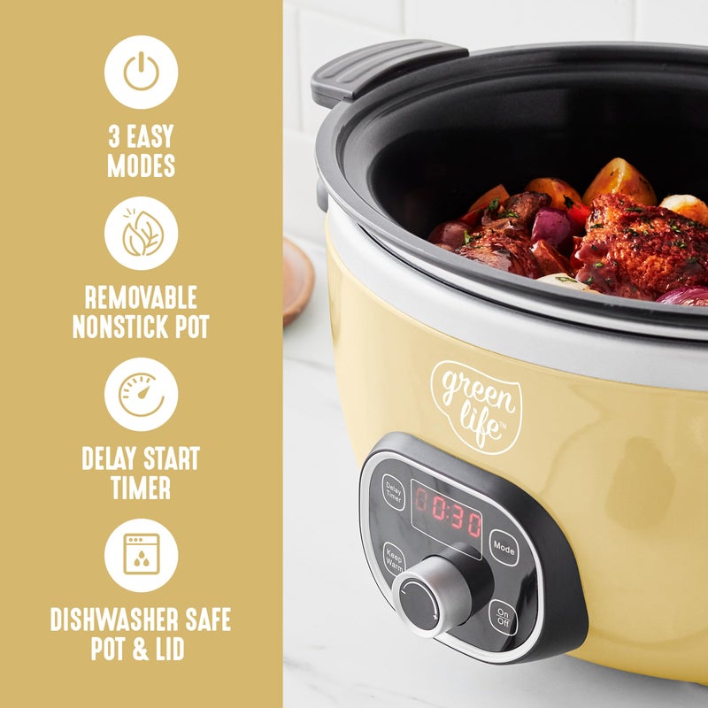 GreenLife 6QT Slow Cooker, Non-Toxic PFAS-Free Ceramic Nonstick Removable Interior Bowl, Programmable, Family Friendly, Keep Warm, Stovetop & Oven Safe, Dishwasher Safe Crock, Timer, Glass Lid, Yellow - Image 4