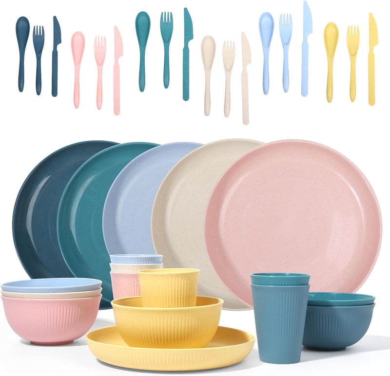 DAPIPIK Wheat Straw Dinnerware Sets - 36 Piece Unbreakable Dinnerware Sets for 6, Wheat Straw Plates and Bowls Set, Lightweight Camping Plates Cups and Bowls Set.Dishwasher Microwave Safe Dinnerware - Image 1