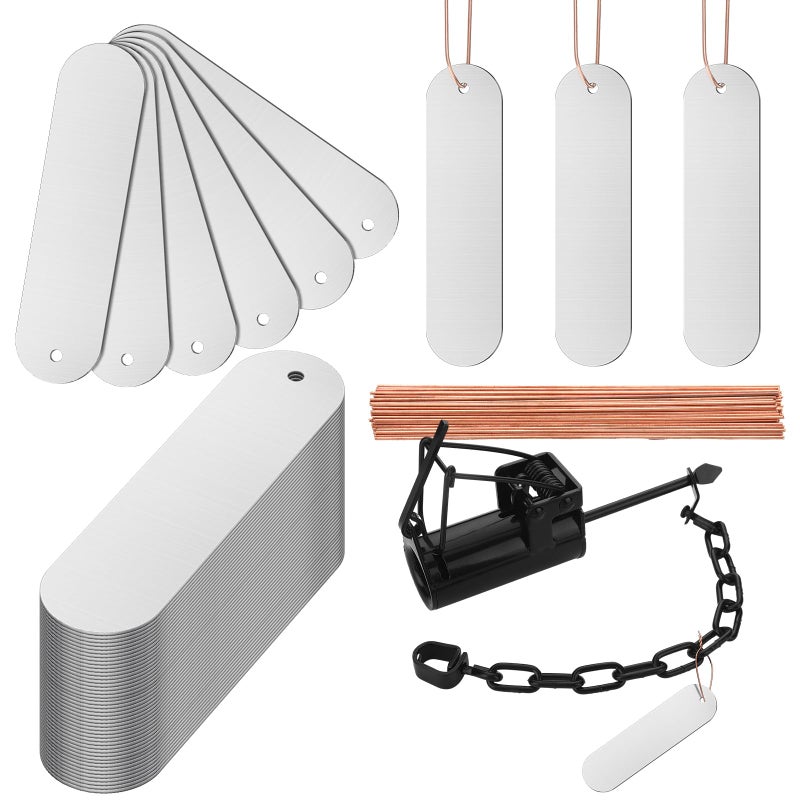 Frienda 50 Pack Aluminum Trap Tags with Copper Wire Metal Plant Labels for Trapping, Tree, Plant Markers, Gifts & Crafts - Writable Zinc Tags with Rounded Edges and Pre-drilled Hole - Image 1