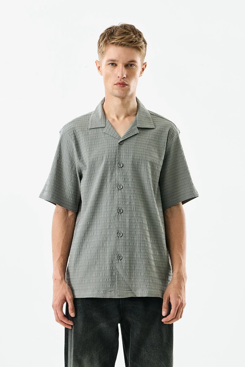 SNITCH Cuban Collar Textured Box Fit Stretch Shirt