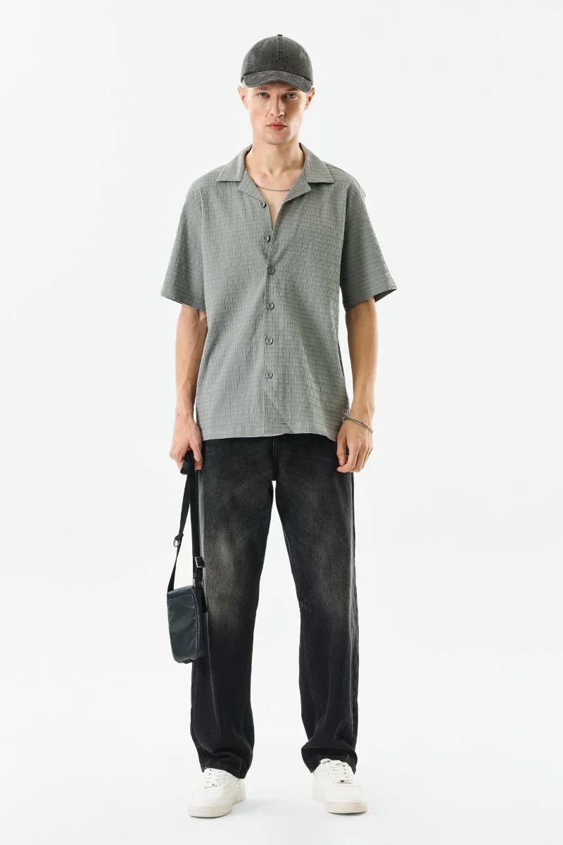 SNITCH Cuban Collar Textured Box Fit Stretch Shirt