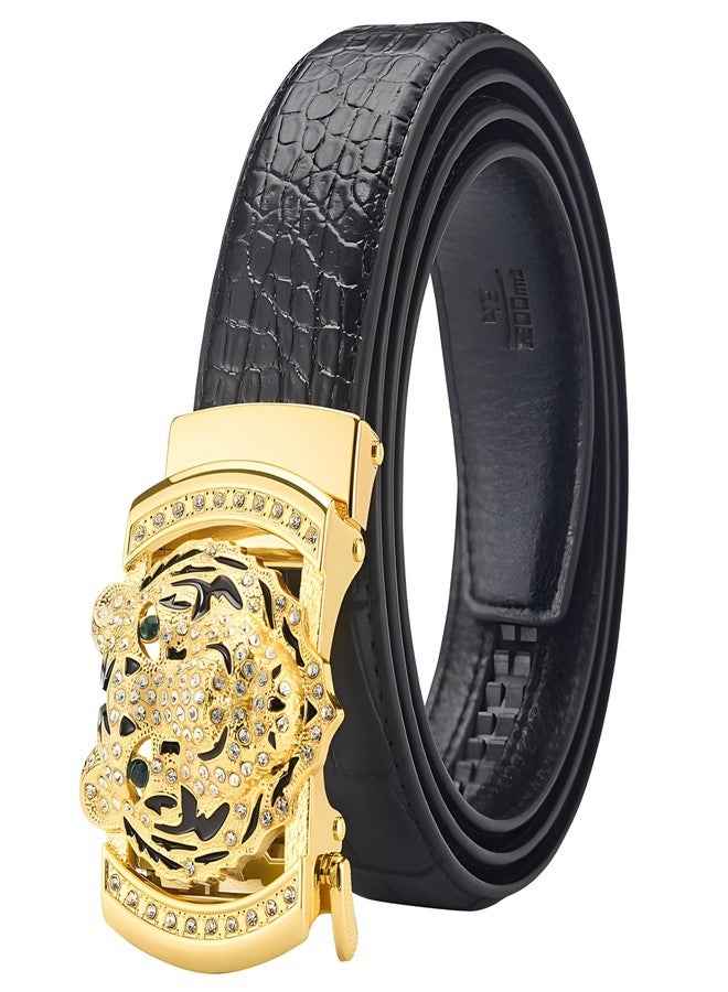 VJK Luxury Men's Belts Gold Tiger Head Automatic Buckle Alloy, PU Leather Men Waist Strap, Slide Easier Adjustable Belt, Cut To Fit, Men Dress Casual Ratchet Belt (49in) - Image 1