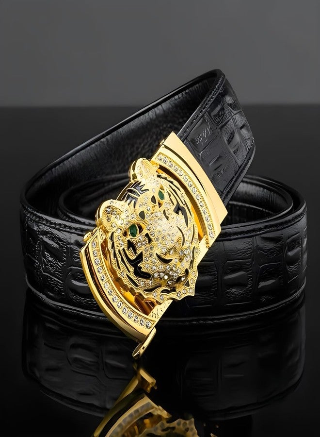 VJK Luxury Men's Belts Gold Tiger Head Automatic Buckle Alloy, PU Leather Men Waist Strap, Slide Easier Adjustable Belt, Cut To Fit, Men Dress Casual Ratchet Belt (49in) - Image 2