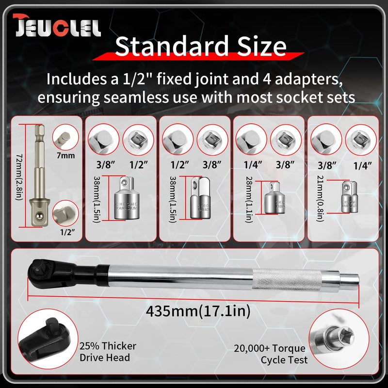 JEUCLEL Offset Extension Wrench for Electric Drill, with 4 Socket Adapters and 1 1/2" Electric Drill Adapter, Impact Wrench Extender for Socket Sets, Slim Design for Tight Spaces - Image 2