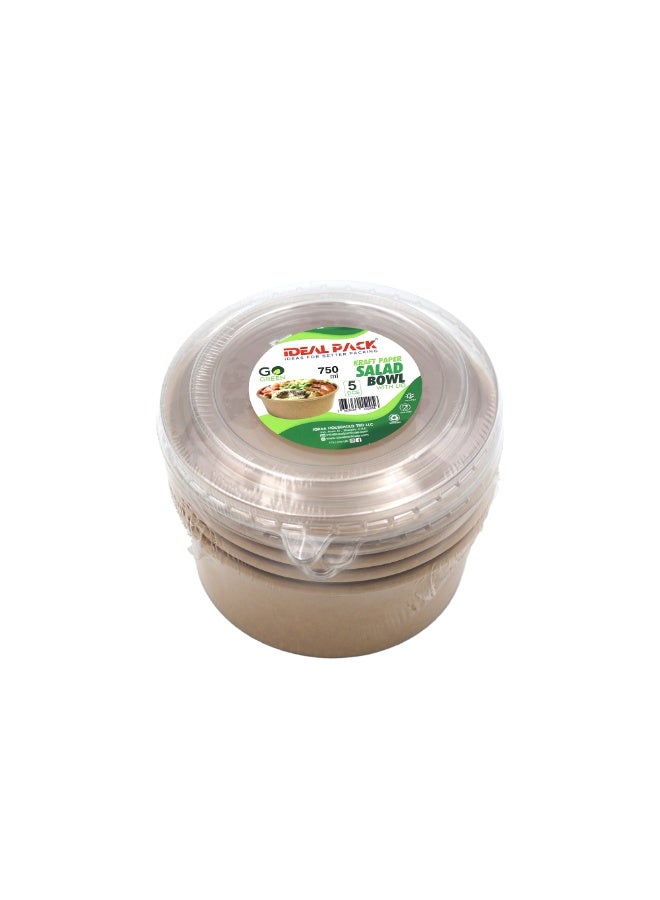 IDEAL PACK Kraft Paper Salad Bowls with Lids 5 PCS Eco Friendly Disposable Salad Containers Leak Proof, Biodegradable Bowls for Salads, Noodles, Soups & Takeaway - Image 1