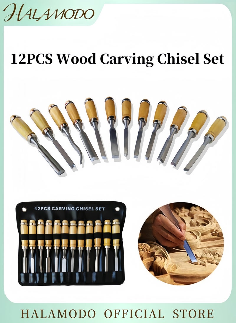 HALAMODO 12PCS Wood Carving Hand Chisel Set with Storage Pouch Hand Carving Chisel Carpenter Professional Woodworking Tool Wood Gouge Chisel Engraving Drill Bits Wood Carving Tool  - Image 1