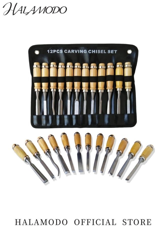 HALAMODO 12PCS Wood Carving Hand Chisel Set with Storage Pouch Hand Carving Chisel Carpenter Professional Woodworking Tool Wood Gouge Chisel Engraving Drill Bits Wood Carving Tool  - Image 2