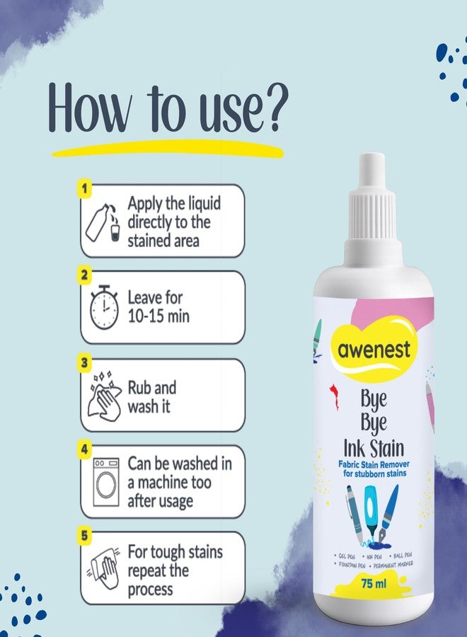 awenest Bye Bye Ink Stain | Fabric Stain Remover for Ink, Pen, Marker, and Fountain Pen Stains | Quick & Effective Stubborn Ink Removal | 75 ml Bottle - Image 2