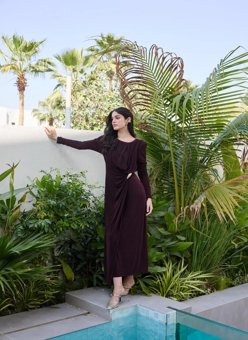 Ashita Fernandes Ruched Draped Column Dress – Chocolate Brown