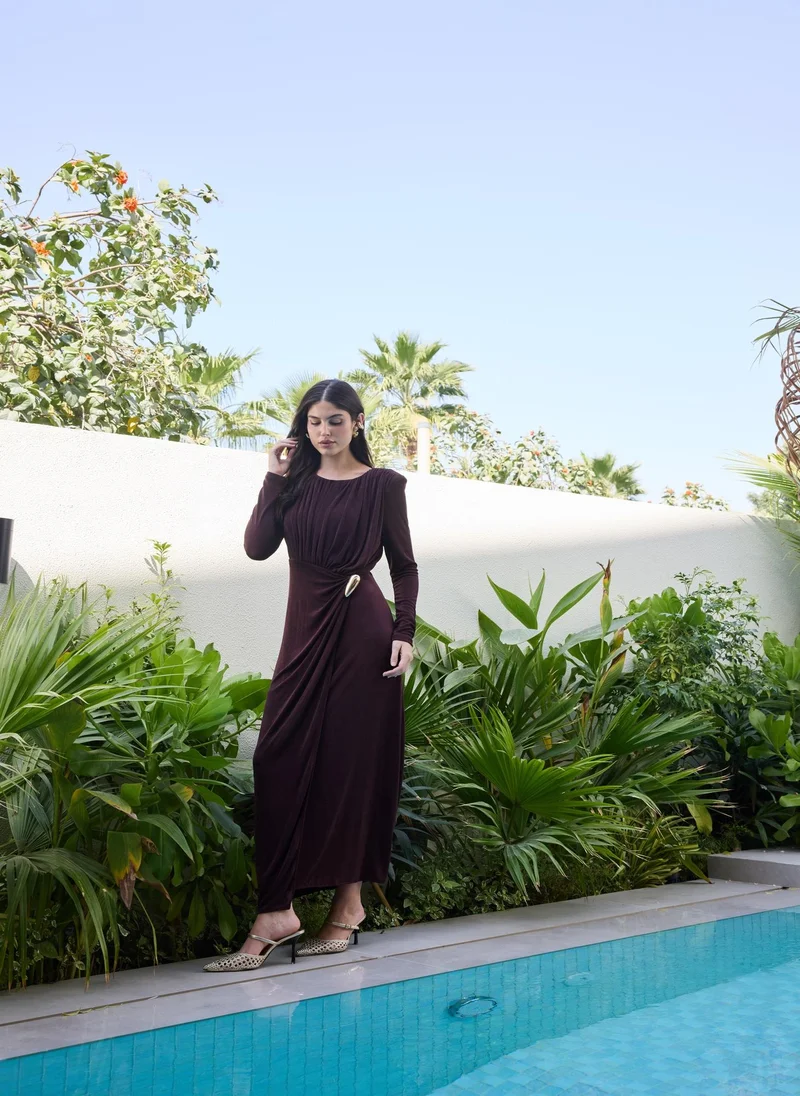 Ashita Fernandes Ruched Draped Column Dress – Chocolate Brown